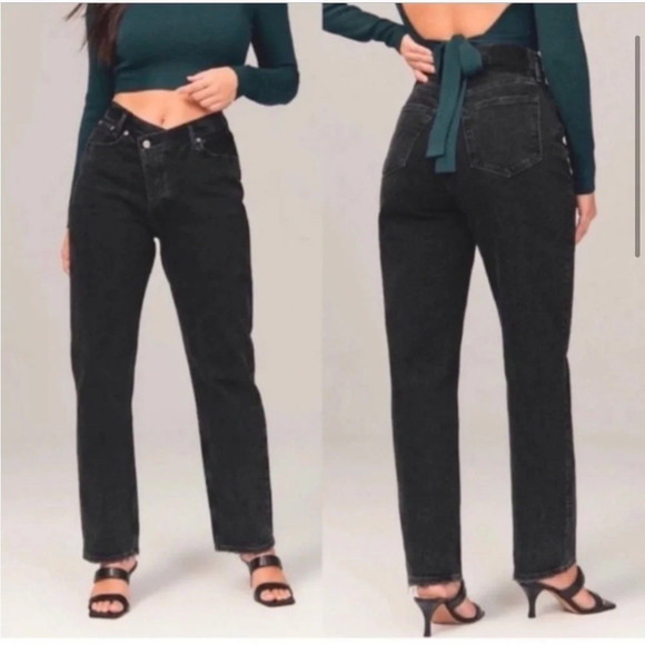 Abercrombie & Fitch Asymmetric crisscross The Dad High Rise Black Jeans 25/0​ - Picture 1 of 15